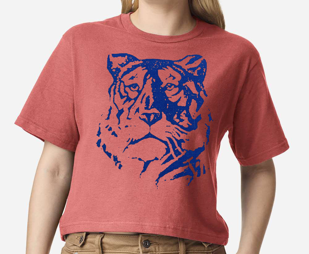 Pensive Tiger on a Cropped Rosewood Red Tee.