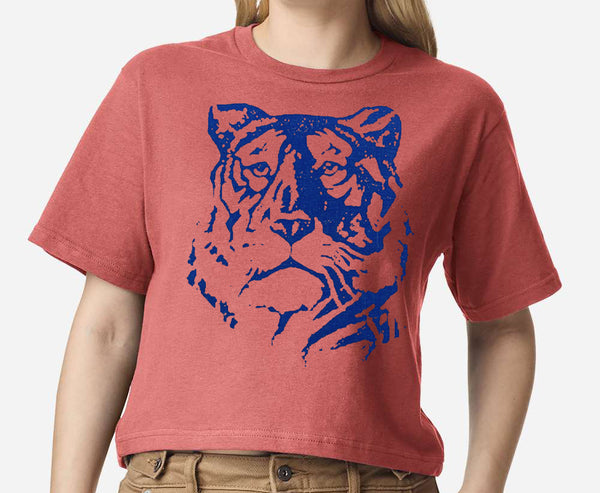 Pensive Tiger on a Cropped Rosewood Red Tee.