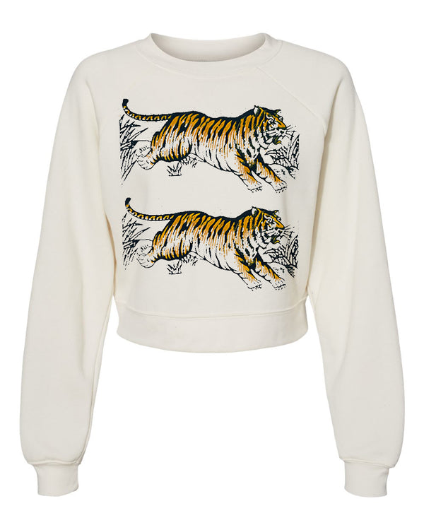 Lucky Fish Two Tigers Vintage White Crop Sweatshirt.
