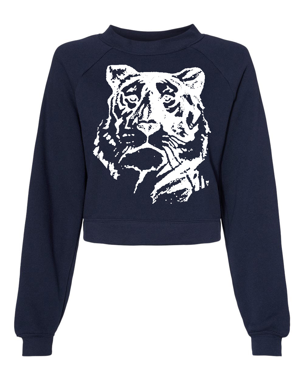 White Regal Tiger on a Navy Cropped Fleece Sweatshirt.