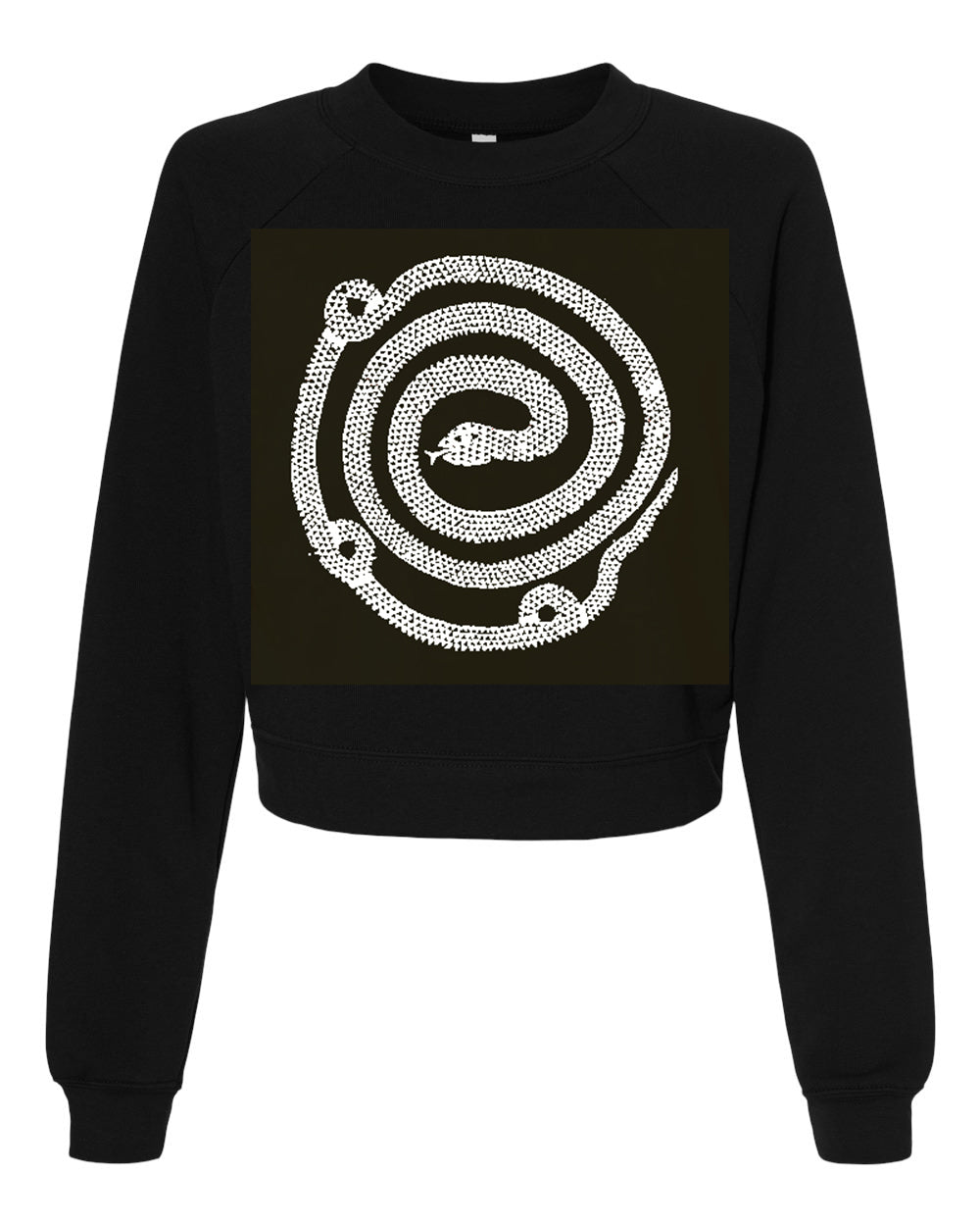 Coiled Snake in black & white cropped fleece sweatshirt.