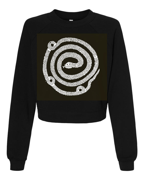 Coiled Snake in black & white cropped fleece sweatshirt.