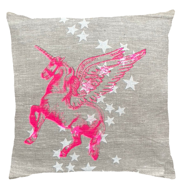 Neon Pink Unicorn Linen Cushion Cover.