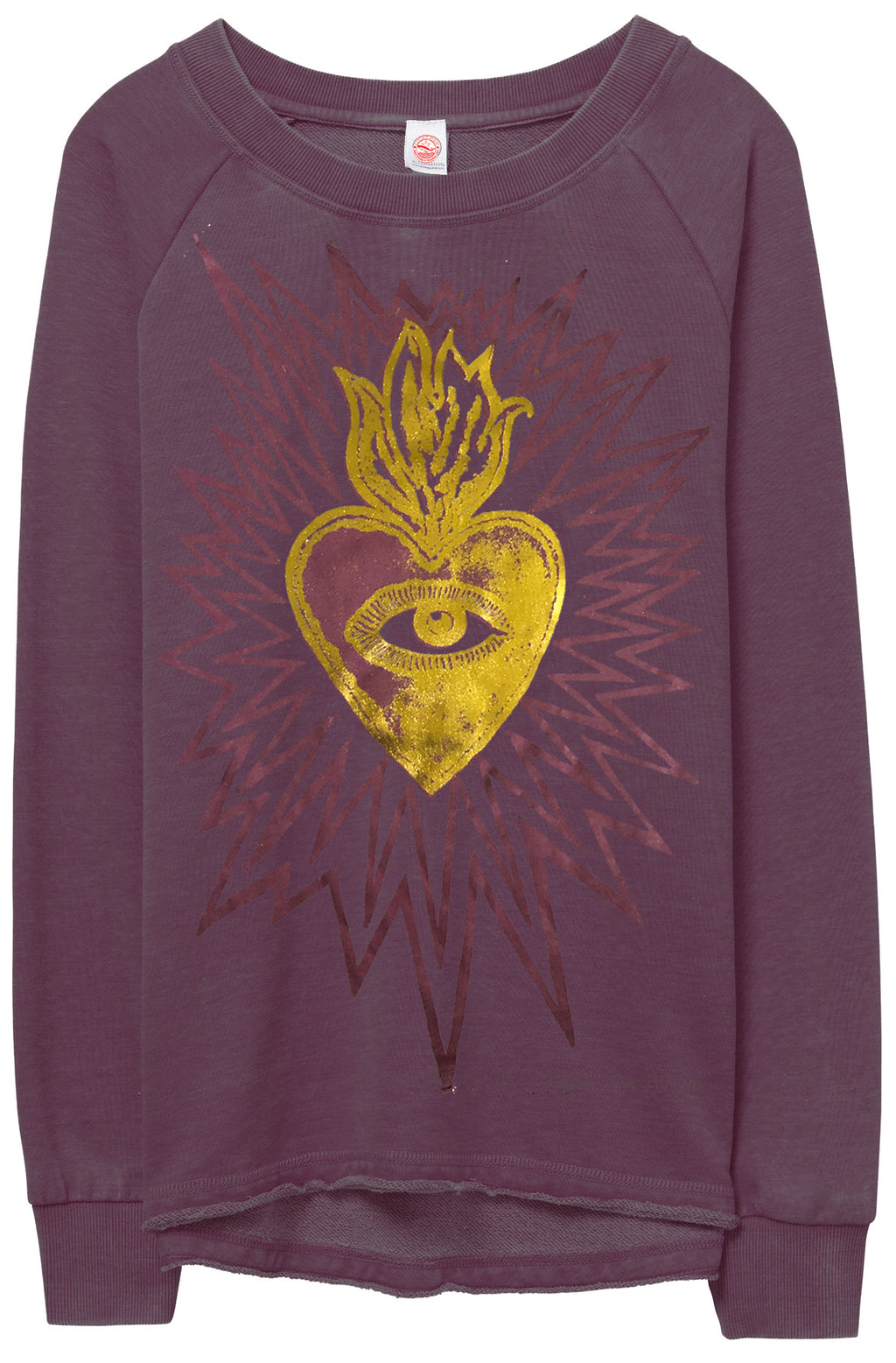 Burning Heart in Golden Metallic on a Purple Burnout sweatshirt.