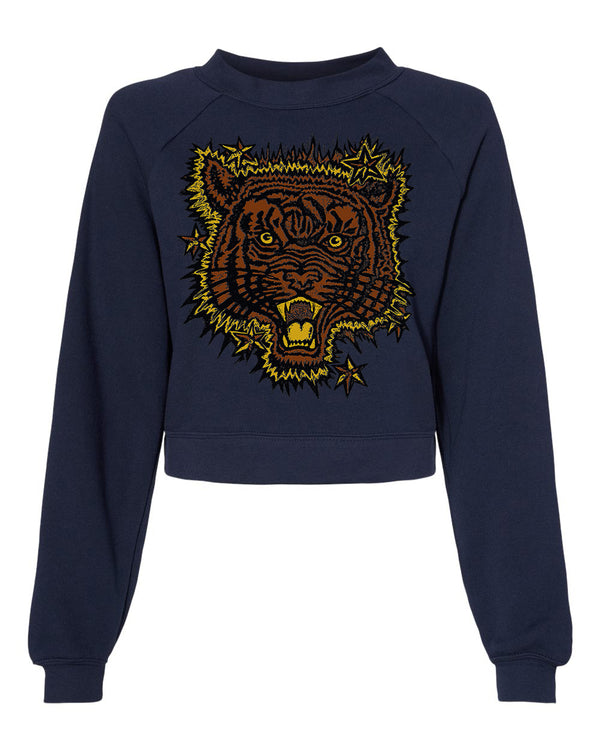 La Tigre, Navy Cropped Fleece Sweatshirt.