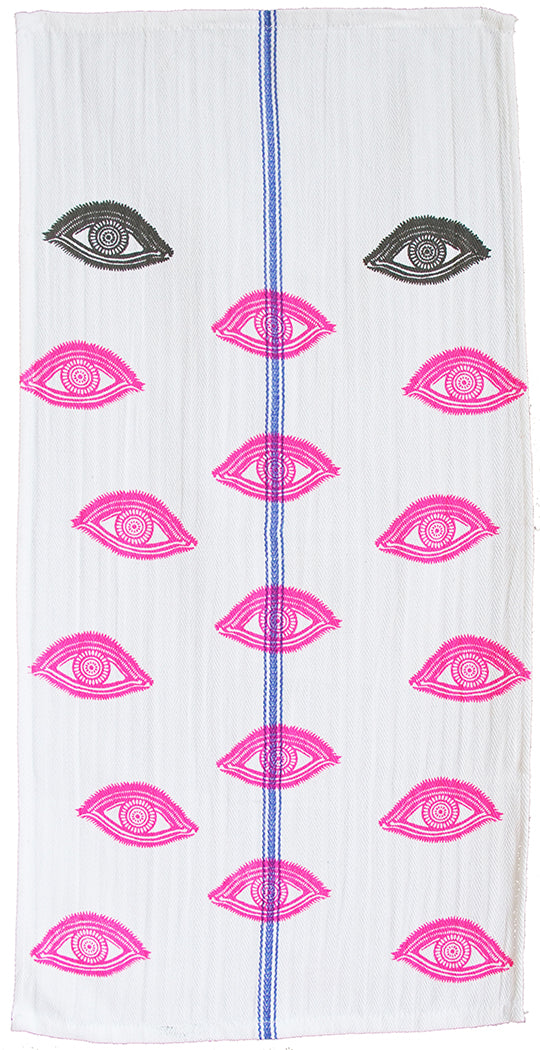 Eye See You in  pink tea towel.