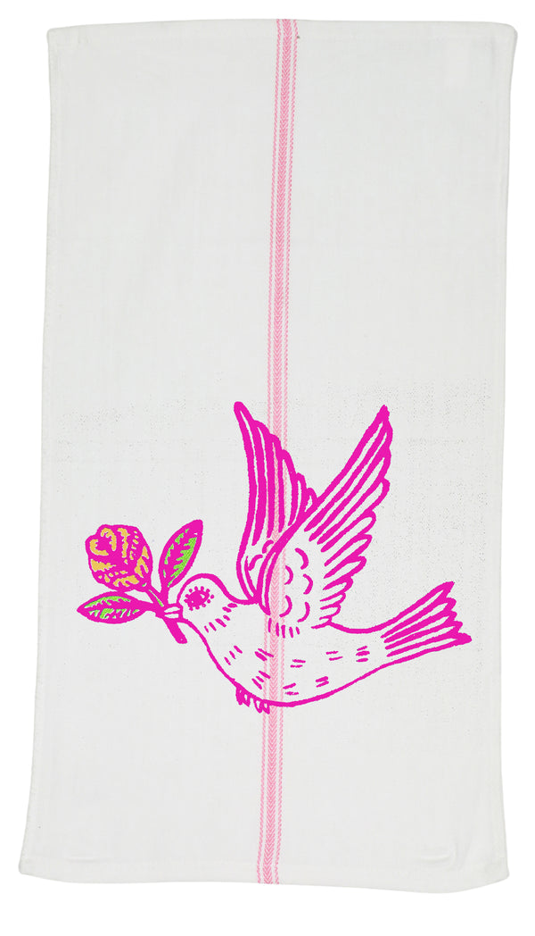 Neon Pink Peace & Love  Dove Tea Towel.