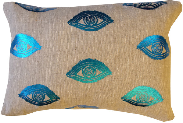 Eye see you blue foil scatter cushion.