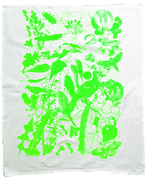 Edible Schoolyard Tea towels in pink, green, and orange